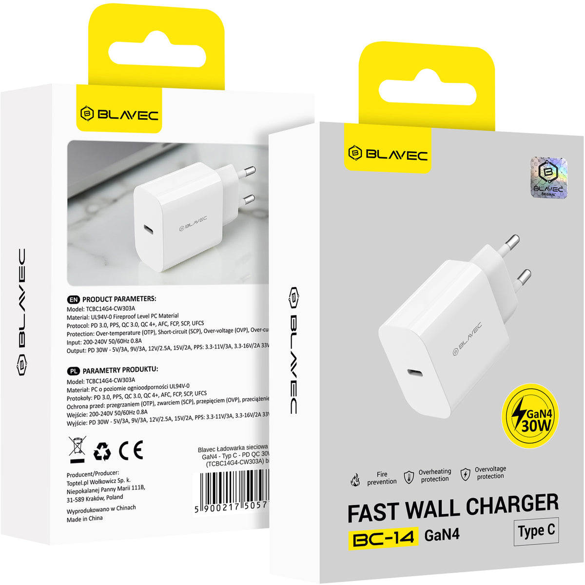 Blavec BC-14 Wall Charger, 30W, 3A, 1 x USB-C, White