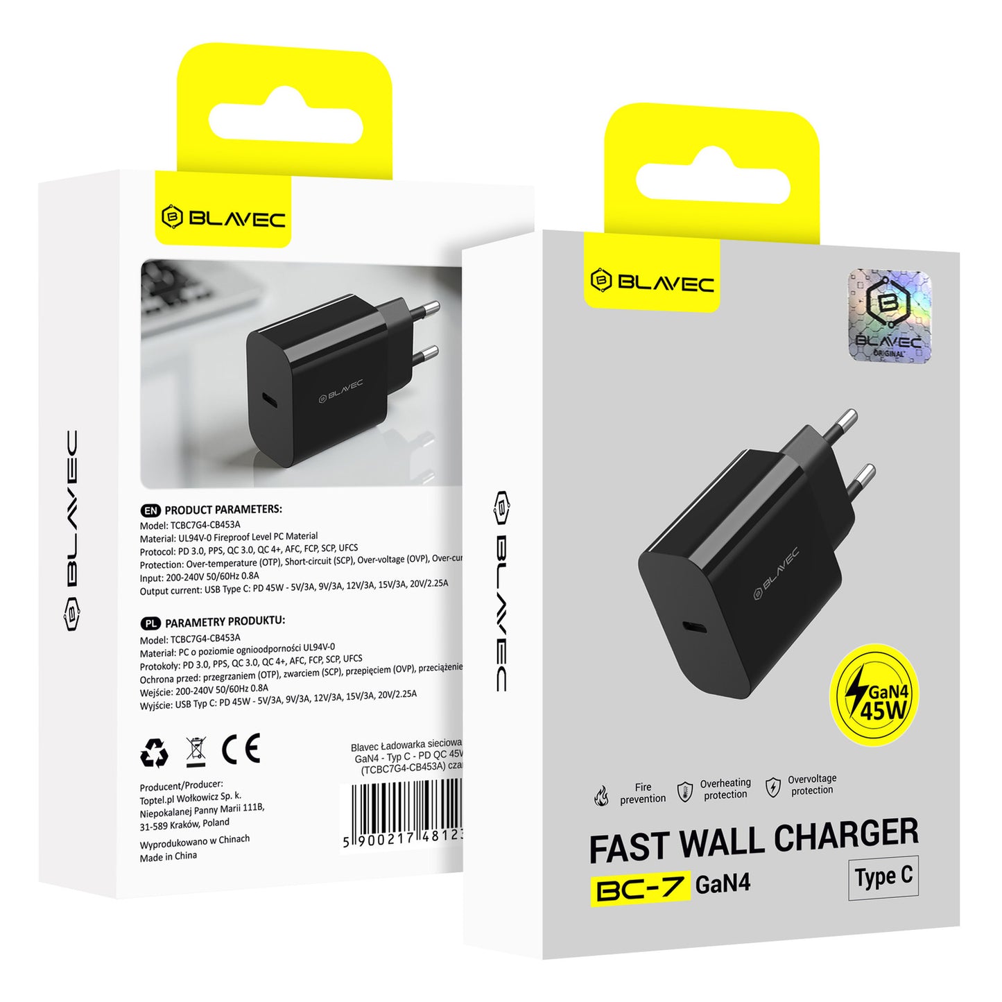 Netværksoplader Blavec BC-7, 45W, 3A, 1 x USB-C, Sort