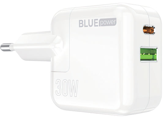 Netværksoplader BLUE Power BC111A, 30W, 3A, 1 x USB-A - 1 x USB-C, Hvid