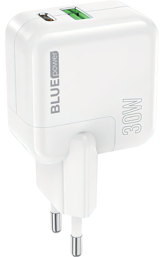 Netværksoplader BLUE Power BC111A, 30W, 3A, 1 x USB-A - 1 x USB-C, Hvid