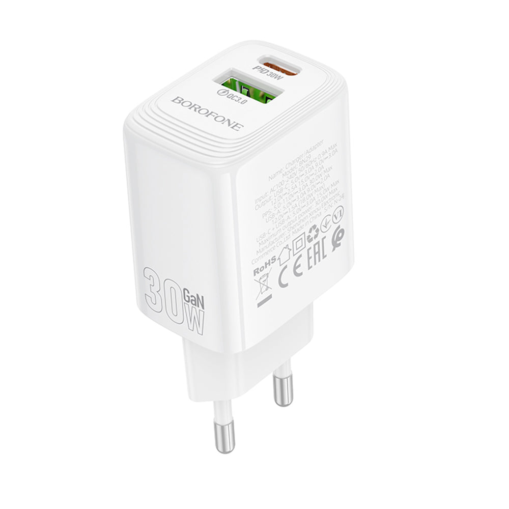 Borofone BN29 Fuente Network Charger, 30W, 3A, 1 x USB-A - 1 x USB-C, White
