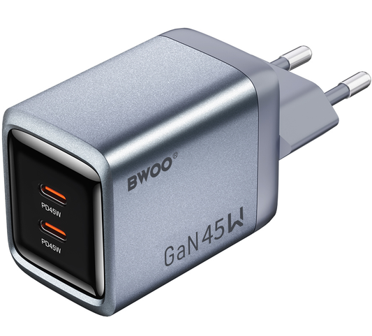 BWOO BO-CDA239 Netoplader, 45W, 3A, 2 x USB-C, Grå
