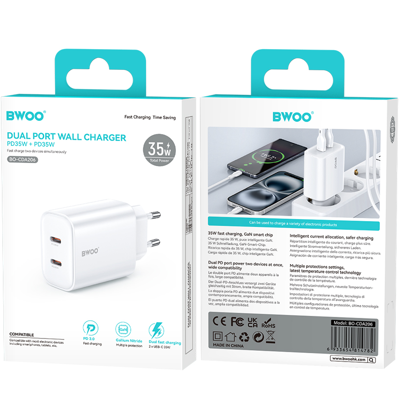 BWOO CDA206 netadapter, 35W, 3A, 2 x USB-C, hvid