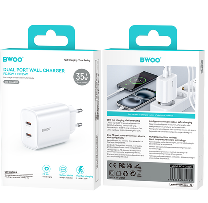 BWOO CDA206 netadapter, 35W, 3A, 2 x USB-C, hvid