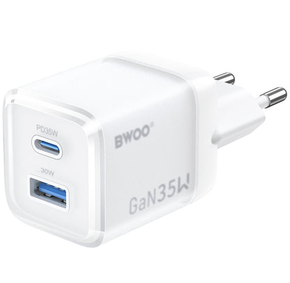 BWOO CDA222 Netværksoplader, 35W, 3A, 1 x USB-A - 1 x USB-C, Hvid
