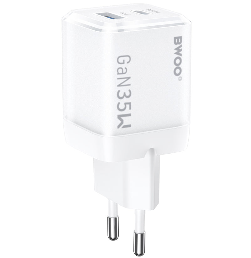 BWOO CDA222 Netværksoplader, 35W, 3A, 1 x USB-A - 1 x USB-C, Hvid