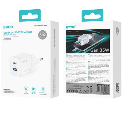 BWOO CDA222 Netværksoplader, 35W, 3A, 1 x USB-A - 1 x USB-C, Hvid