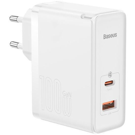 Netværksoplader med USB-C Kabel Baseus GaN5 Pro, 100W, 3A, 1 x USB-A - 1 x USB-C, Hvid CCGP090202