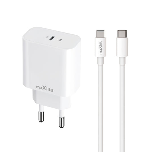 Netoplader med USB-C-kabel MaXlife MXTC-06-20C, 20W, 3A, 1 x USB-C, Hvid