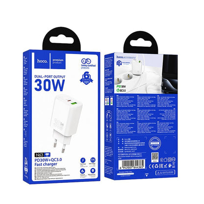 HOCO N63 Netværksoplader, 30W, 3A, 1 x USB-A - 1 x USB-C, Hvid