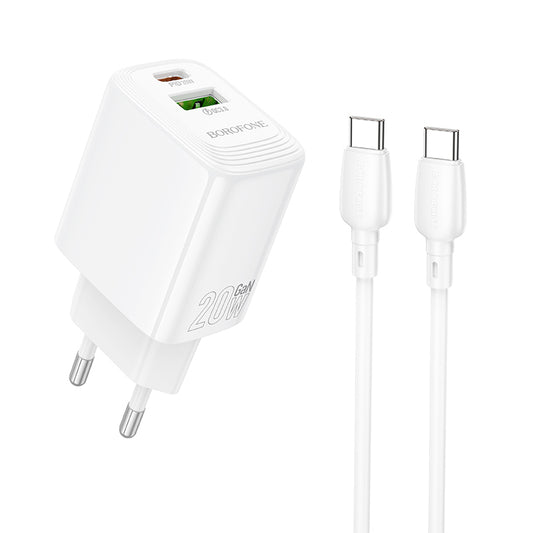 Netværksoplader med USB-C kabel Borofone BN27 Fuente, 20W, 3A, 1 x USB-A - 1 x USB-C, Hvid