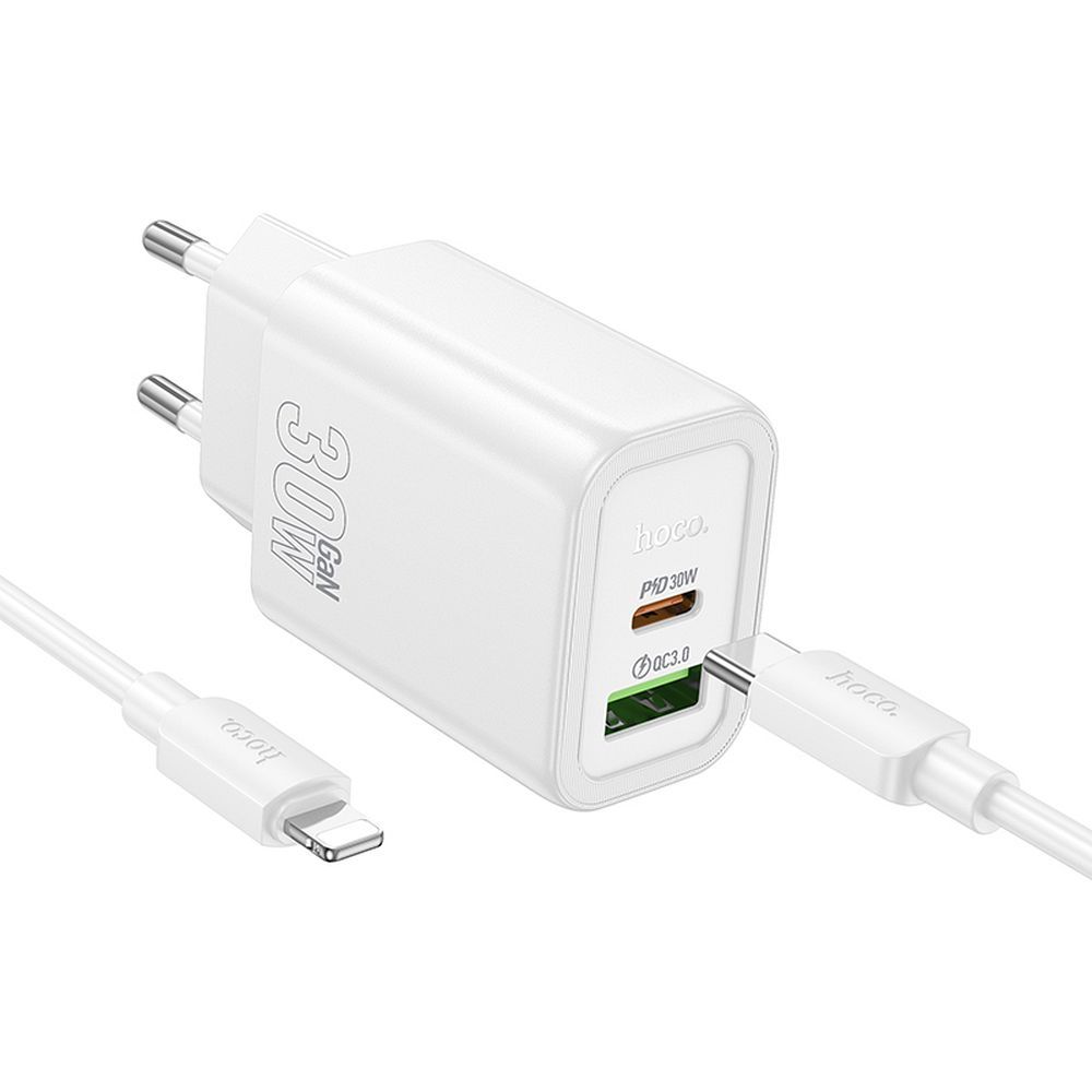 Netværksoplader med Lightning-kabel HOCO N63, 30W, 3A, 1 x USB-A - 1 x USB-C, Hvid