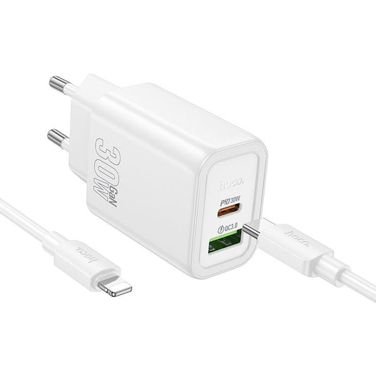 Netværksoplader med Lightning-kabel HOCO N63, 30W, 3A, 1 x USB-A - 1 x USB-C, Hvid
