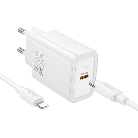 Netværksoplader med Lightning-kabel HOCO N62, 30W, 3A, 1 x USB-C, Hvid