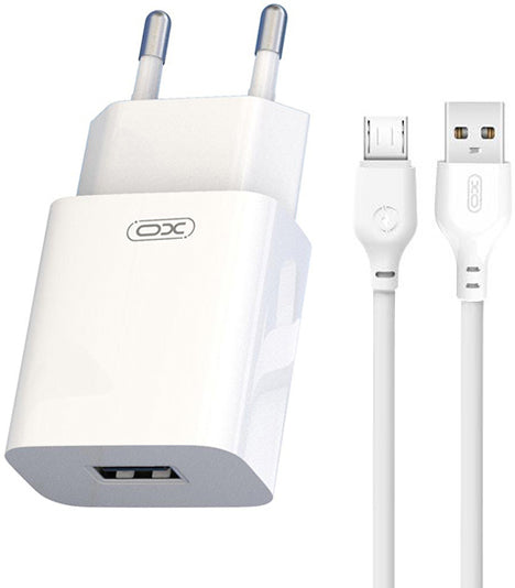 Netværksoplader med microUSB-kabel XO Design L99, 12W, 2.4A, 1 x USB-A, Hvid