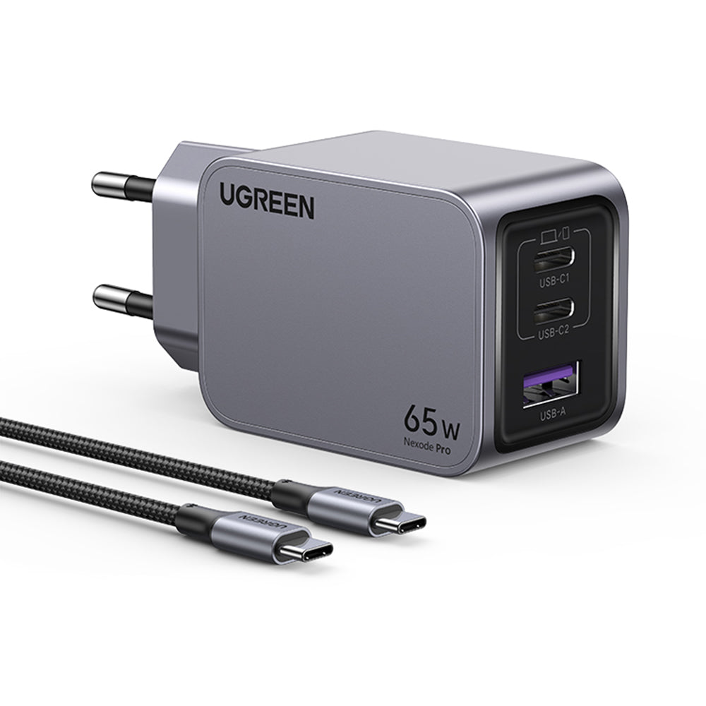 Netværksoplader med USB-C kabel UGREEN X755 Nexode Pro, 65W, 3A, 1 x USB-A - 2 x USB-C, Grå