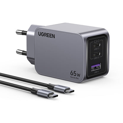 Netværksoplader med USB-C kabel UGREEN X755 Nexode Pro, 65W, 3A, 1 x USB-A - 2 x USB-C, Grå