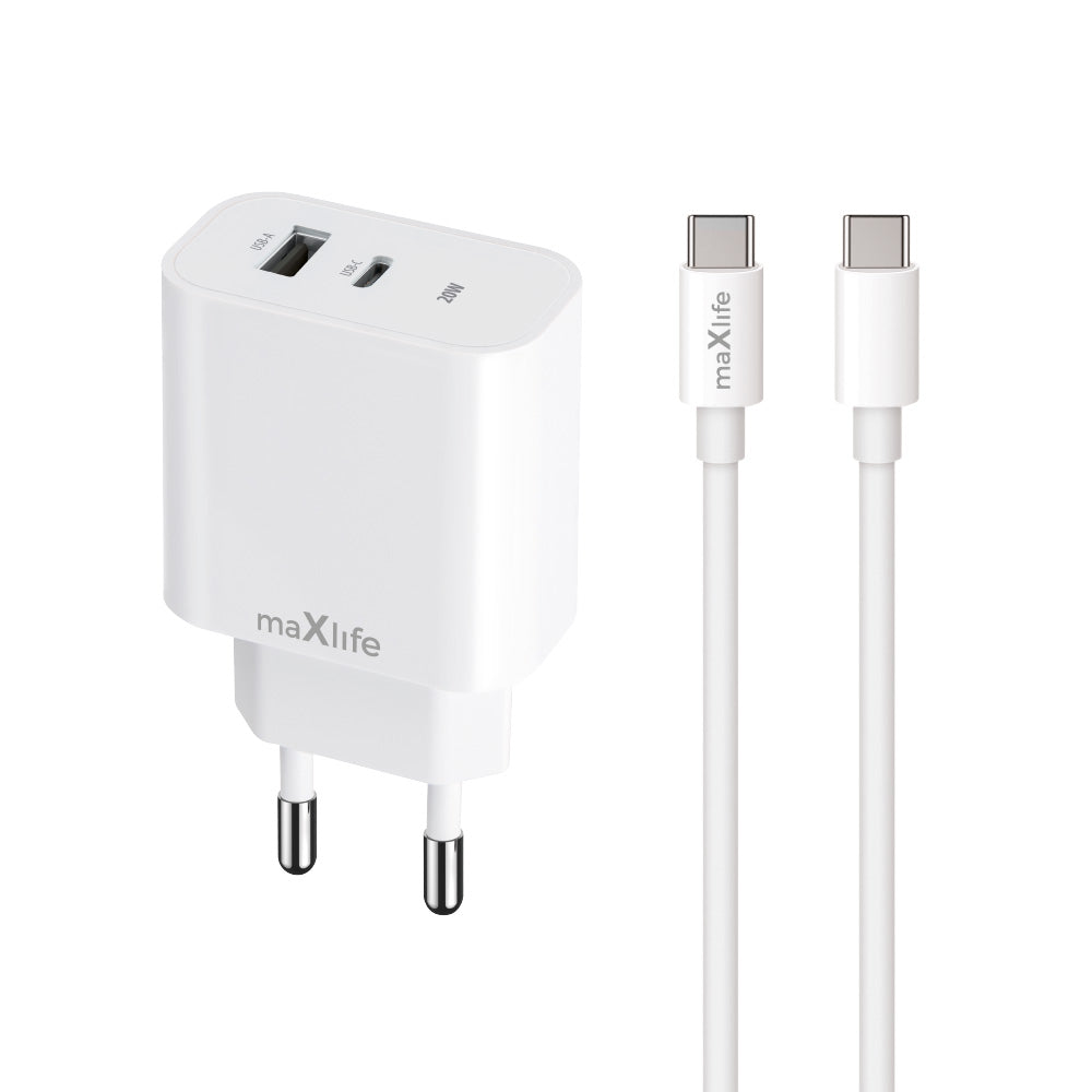 Netværksoplader med USB-C kabel MaXlife MXTC-06-20AC, 20W, 3A, 1 x USB-A - 1 x USB-C, Hvid