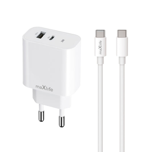 Netværksoplader med USB-C kabel MaXlife MXTC-06-20AC, 20W, 3A, 1 x USB-A - 1 x USB-C, Hvid