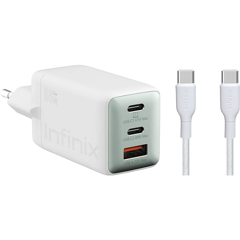 Netværksoplader med USB-C kabel Infinix XC07868EU + XDC95, 68W, 6.2A, 1 x USB-A - 2 x USB-C, Hvid