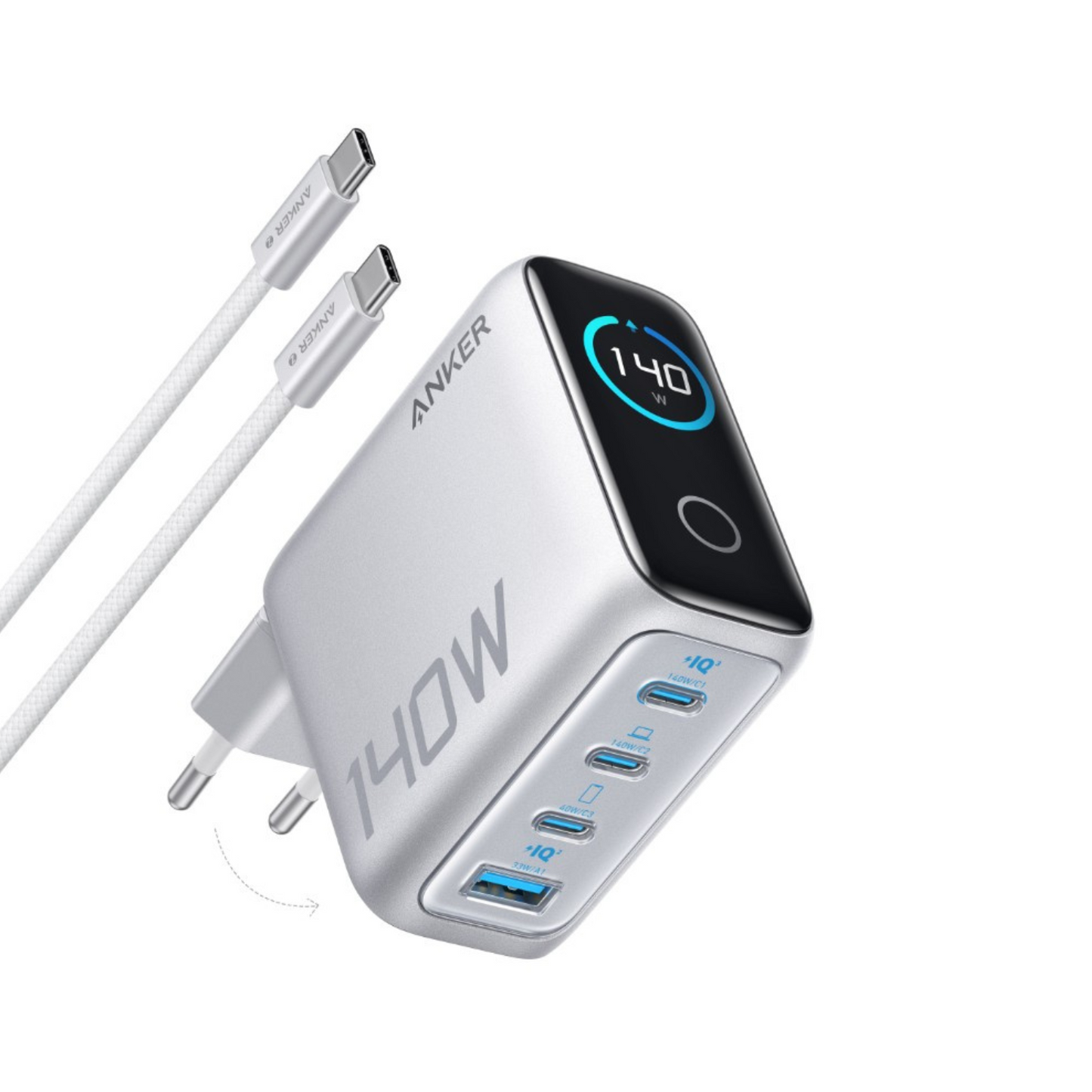 Netværksoplader med USB-C Kabel Anker Zolo, 140W, 5A, 1 x USB-A - 3 x USB-C, Sølv B2697G41