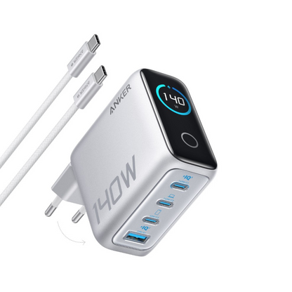Netværksoplader med USB-C Kabel Anker Zolo, 140W, 5A, 1 x USB-A - 3 x USB-C, Sølv B2697G41