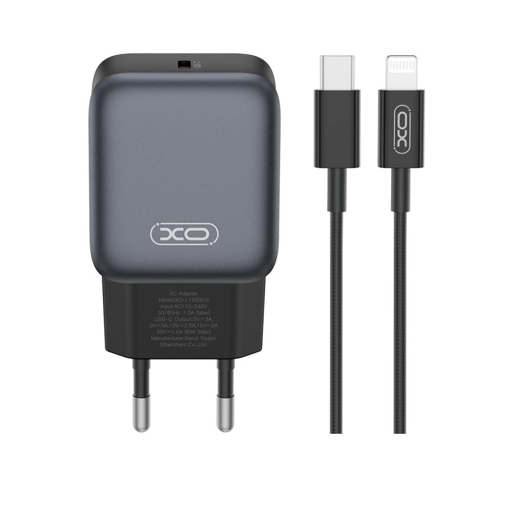Netværksoplader med Lightning-kabel XO Design L155, 30W, 3A, 1 x USB-C, Sort