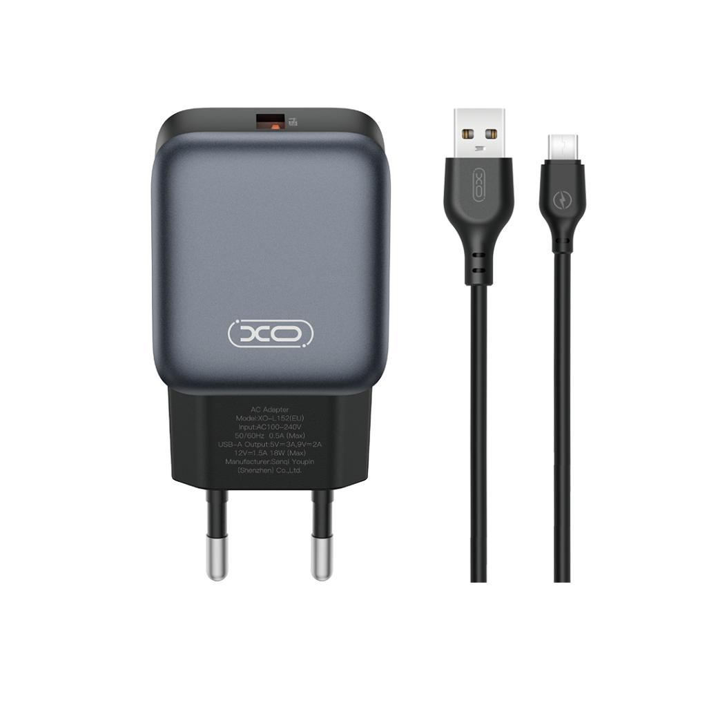 Netværksoplader med USB-C kabel XO Design L152, 18W, 3A, 1 x USB-A, Sort