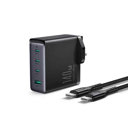 Netværksoplader med USB-C Kabel Joyroom JR-TCG05UK, 140W, 5A, 1 x USB-A - 3 x USB-C, UK, Sort