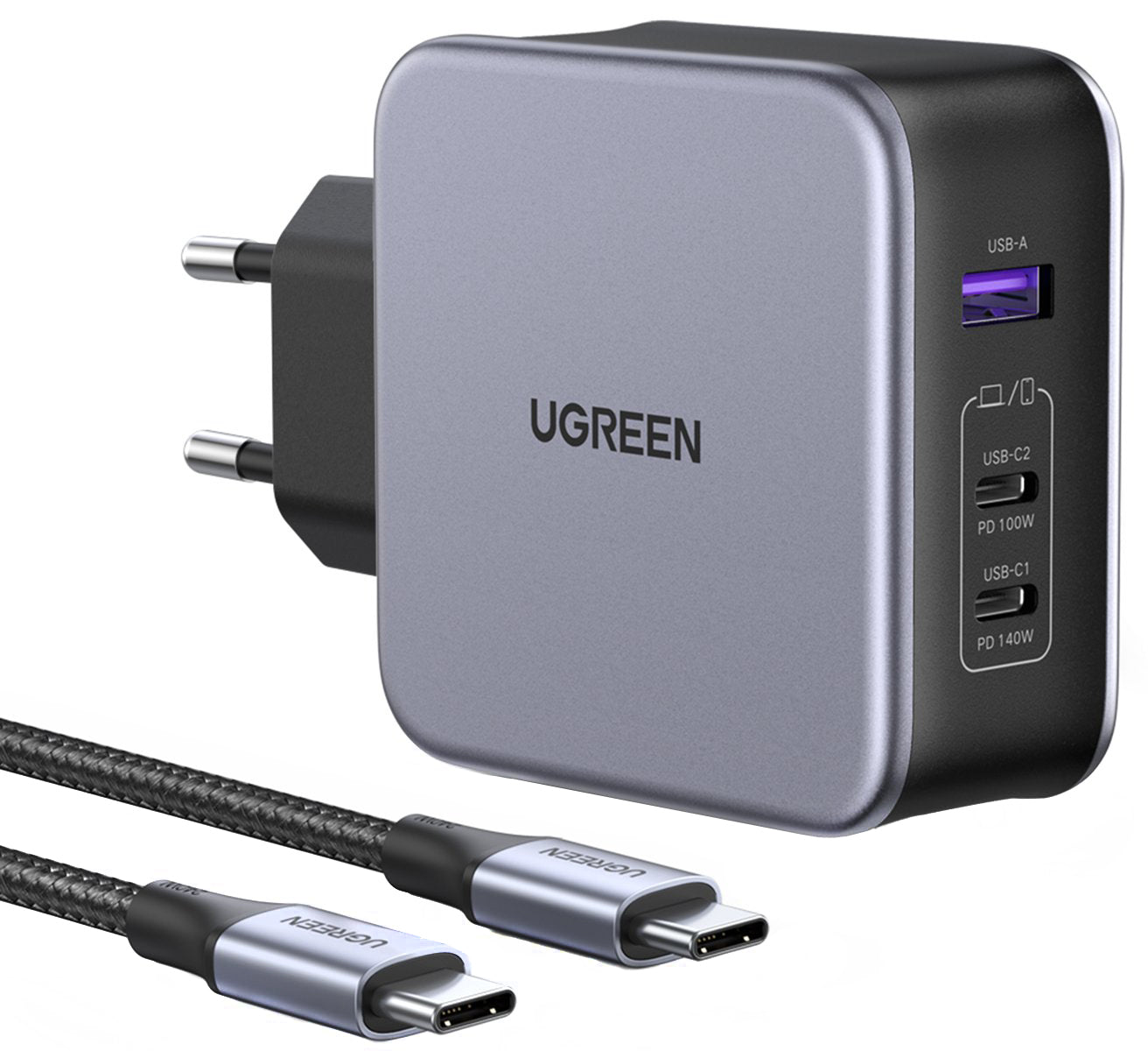 Netværksoplader med USB-C kabel UGREEN CD289, 140W, 5A, 1 x USB-A - 2 x USB-C, Grå