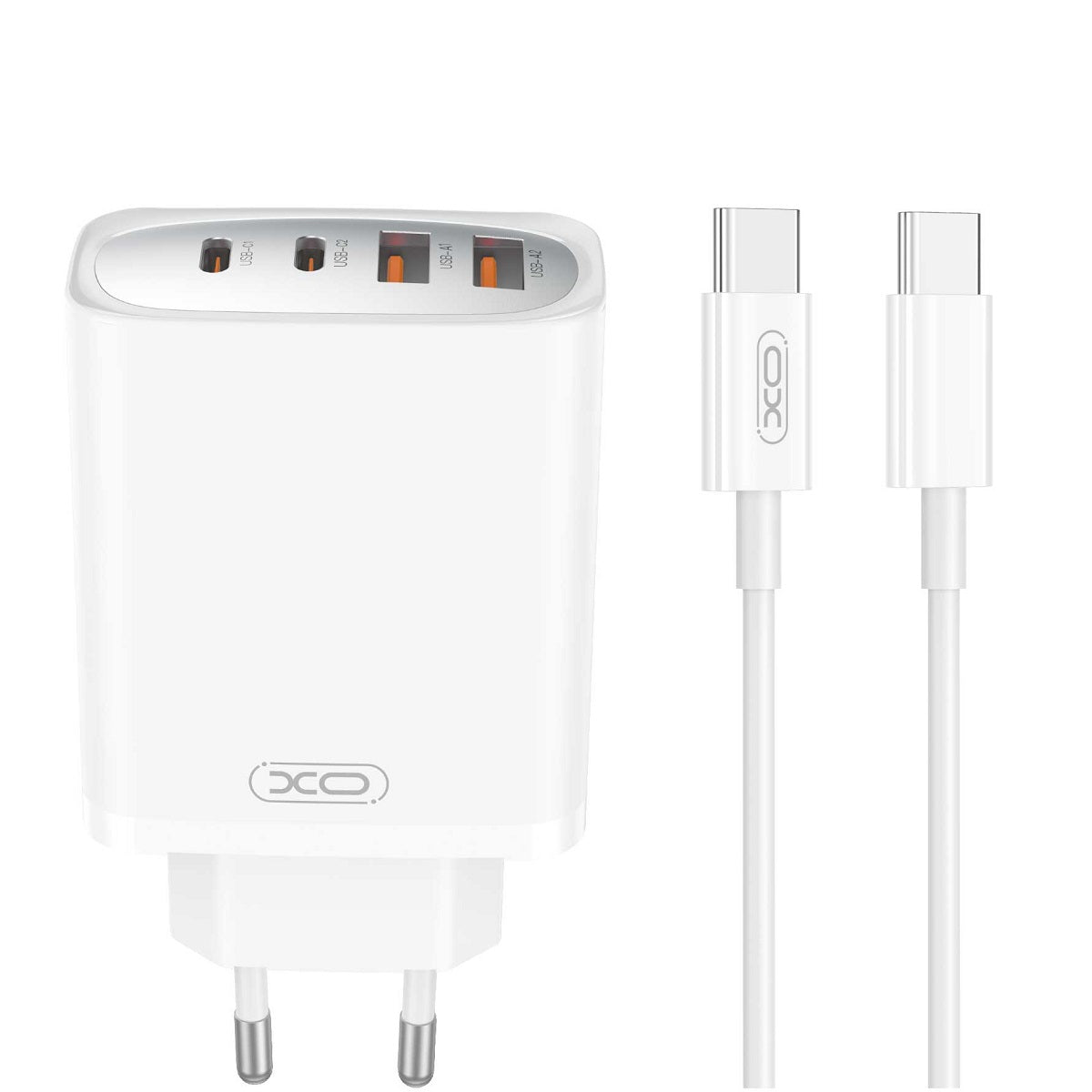 Netværksoplader med USB-C Kabel XO Design CE22, 45W, 3A, 2 x USB-A - 2 x USB-C, Hvid