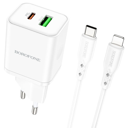 Netværksoplader med Lightning-kabel Borofone BN7, 20W, 3A, 1 x USB-A - 1 x USB-C, Hvid