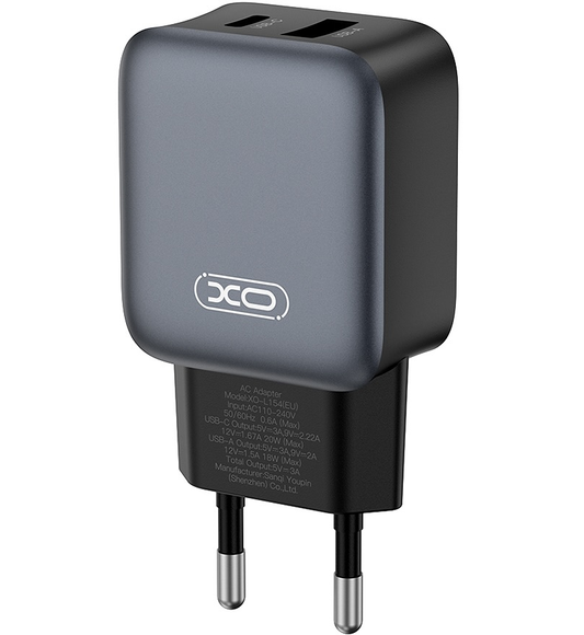 Netværksoplader med Lightning-kabel XO Design L154, 20W, 3A, 1 x USB-A - 1 x USB-C, Sort