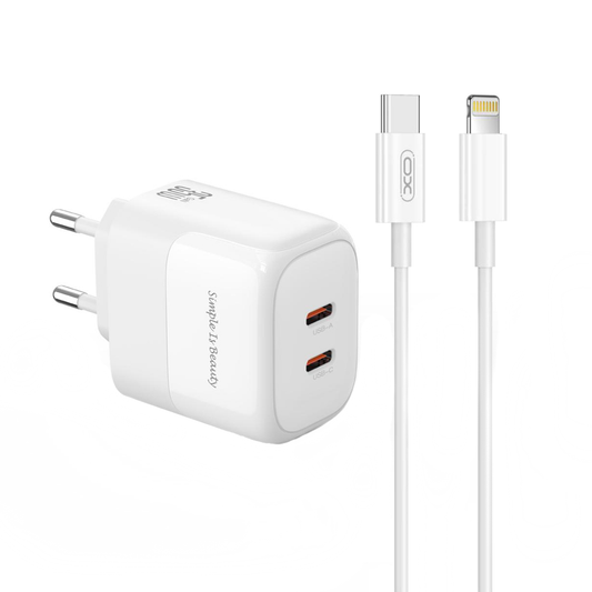 Netværksoplader med Lightning-kabel XO Design L140, 35W, 3A, 2 x USB-C, Hvid