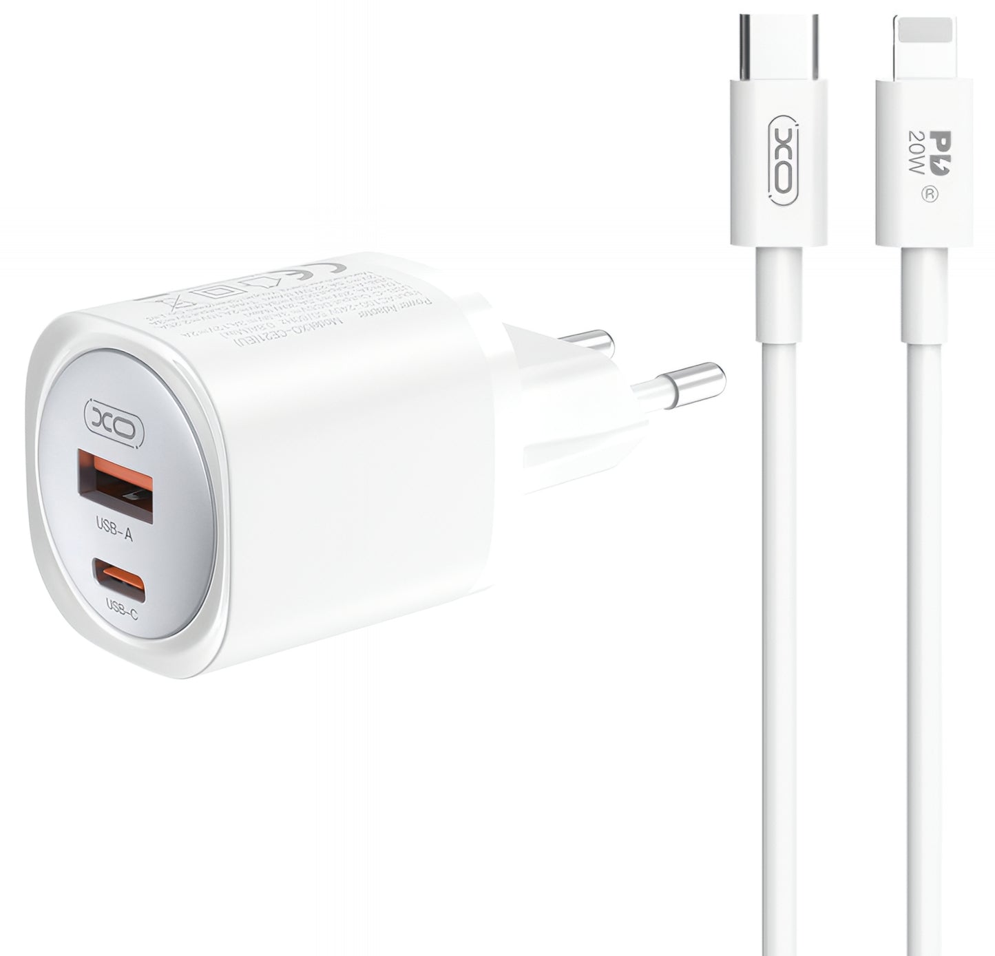 Netværksoplader med Lightning-kabel XO Design CE21, 30W, 3A, 1 x USB-A - 1 x USB-C, Hvid