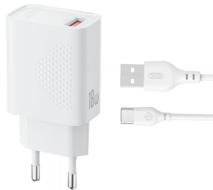 Netværksoplader med USB-C kabel XO Design L159, 18W, 3A, 1 x USB-A, Hvid