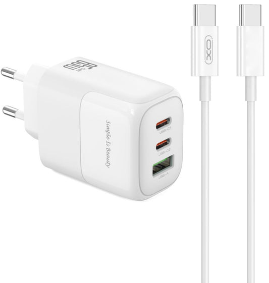 Netværksoplader med USB-C kabel XO Design L139, 65W, 4.5A, 1 x USB-A - 2 x USB-C, Hvid