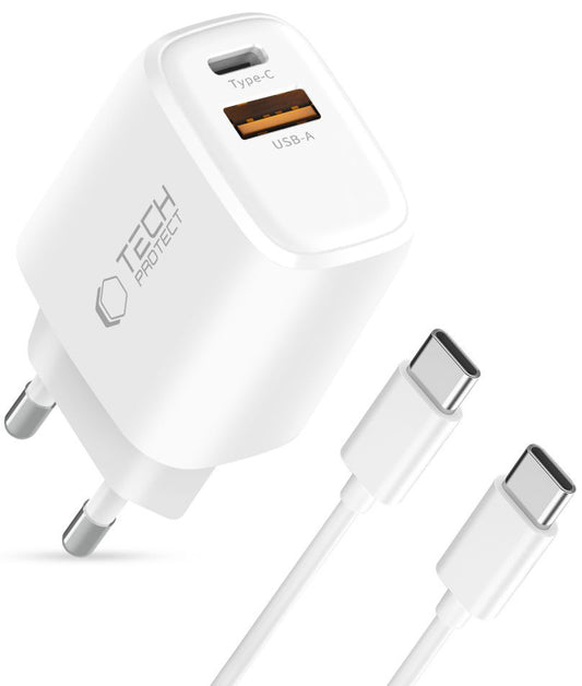 Netværksoplader med USB-C kabel Tech-Protect NCA45W, 45W, 3A, 1 x USB-A - 1 x USB-C, Hvid