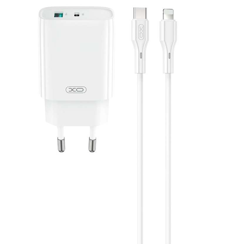 Netværksoplader med Lightning-kabel XO Design CE30, 30W, 3A, 1 x USB-A - 1 x USB-C, Hvid