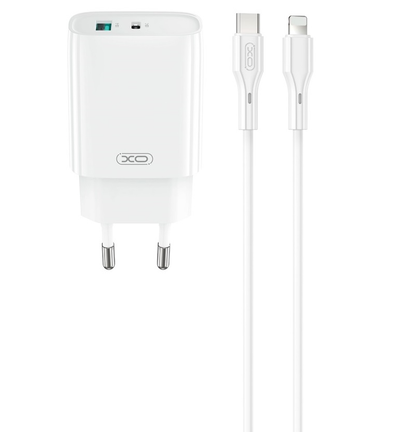 Netværksoplader med Lightning-kabel XO Design CE30, 30W, 3A, 1 x USB-A - 1 x USB-C, Hvid