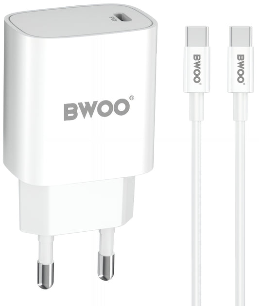 Netværksoplader med USB-C Kabel BWOO CDA159, 20W, 3A, 1 x USB-C, Hvid