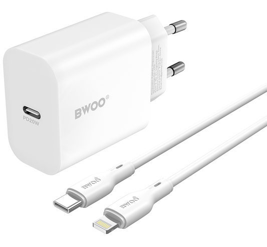 Netværksoplader med Lightning-kabel BWOO CDA233, 20W, 3A, 1 x USB-C, Hvid