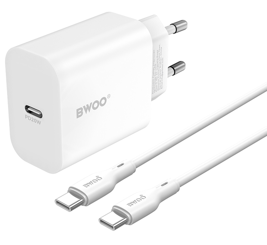 Netværksoplader med USB-C kabel BWOO CDA233, 20W, 3A, 1 x USB-C, Hvid