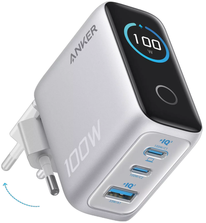 Netværksoplader med USB-C kabel Anker Smart Display, 100W, 5A, 1 x USB-A - 2 x USB-C, Sølv B121BG41