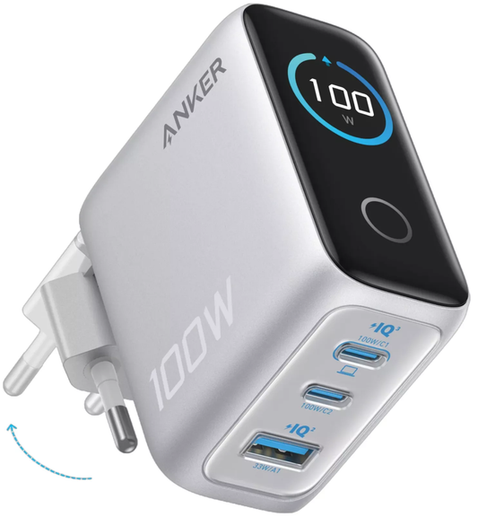 Netværksoplader med USB-C kabel Anker Smart Display, 100W, 5A, 1 x USB-A - 2 x USB-C, Sølv B121BG41