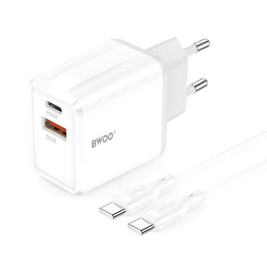 Netværksoplader med USB-C kabel BWOO CDA182, 38W, 3A, 1 x USB-A - 1 x USB-C, Hvid