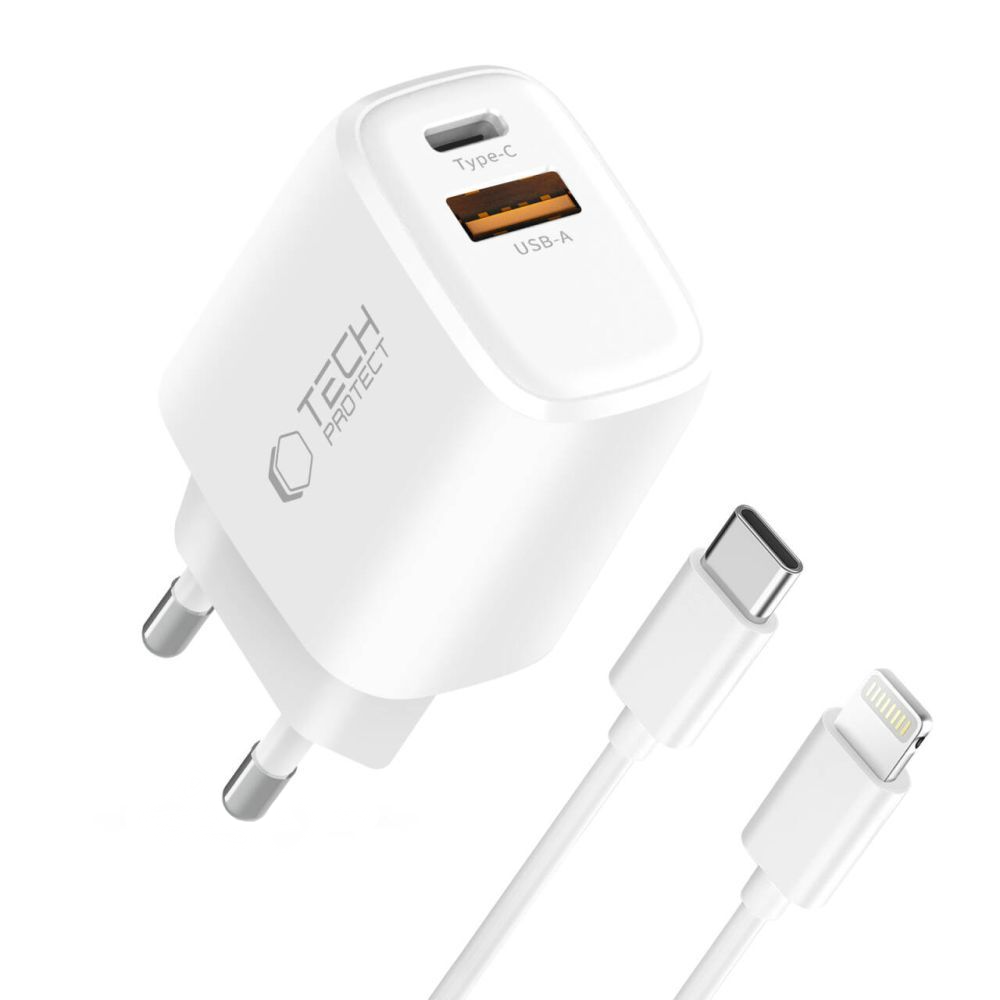Netoplader med Lightning-kabel Tech-Protect NCA20, 20W, 3A, 1 x USB-A - 1 x USB-C, Hvid