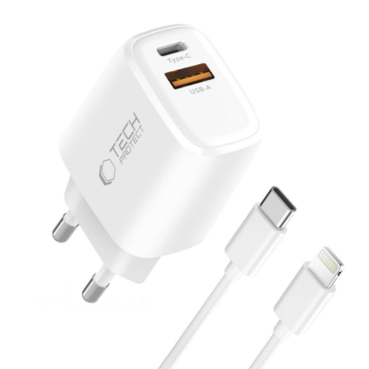 Netoplader med Lightning-kabel Tech-Protect NCA20, 20W, 3A, 1 x USB-A - 1 x USB-C, Hvid