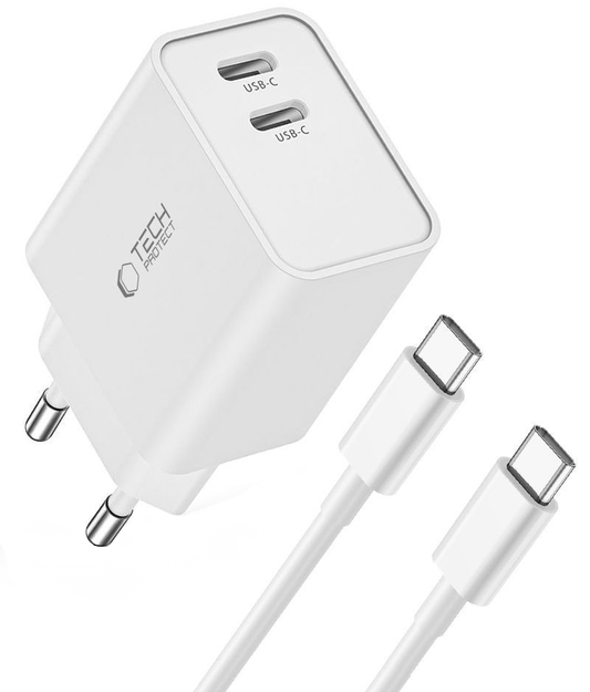 Netoplader med USB-C-kabel Tech-Protect C35W, 35W, 3A, 2 x USB-C, Hvid