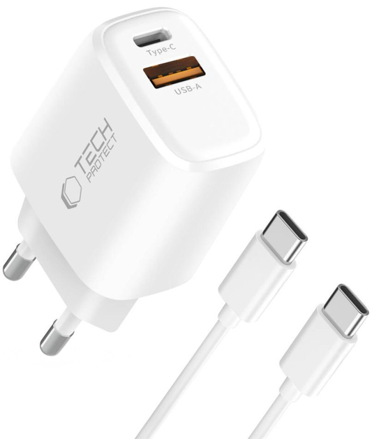 Netoplader med USB-C-kabel Tech-Protect NCA20, 20W, 3A, 1 x USB-A - 1 x USB-C, Hvid